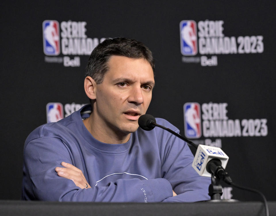 Oct 12, 2023; Montreal, Quebec, CAN; Oklahoma City Thunder head coach Mark Daigneault gives a press conference before the game against the Detroit Pistons at the Bell Centre. Mandatory Credit: Eric Bolte-USA TODAY Sports