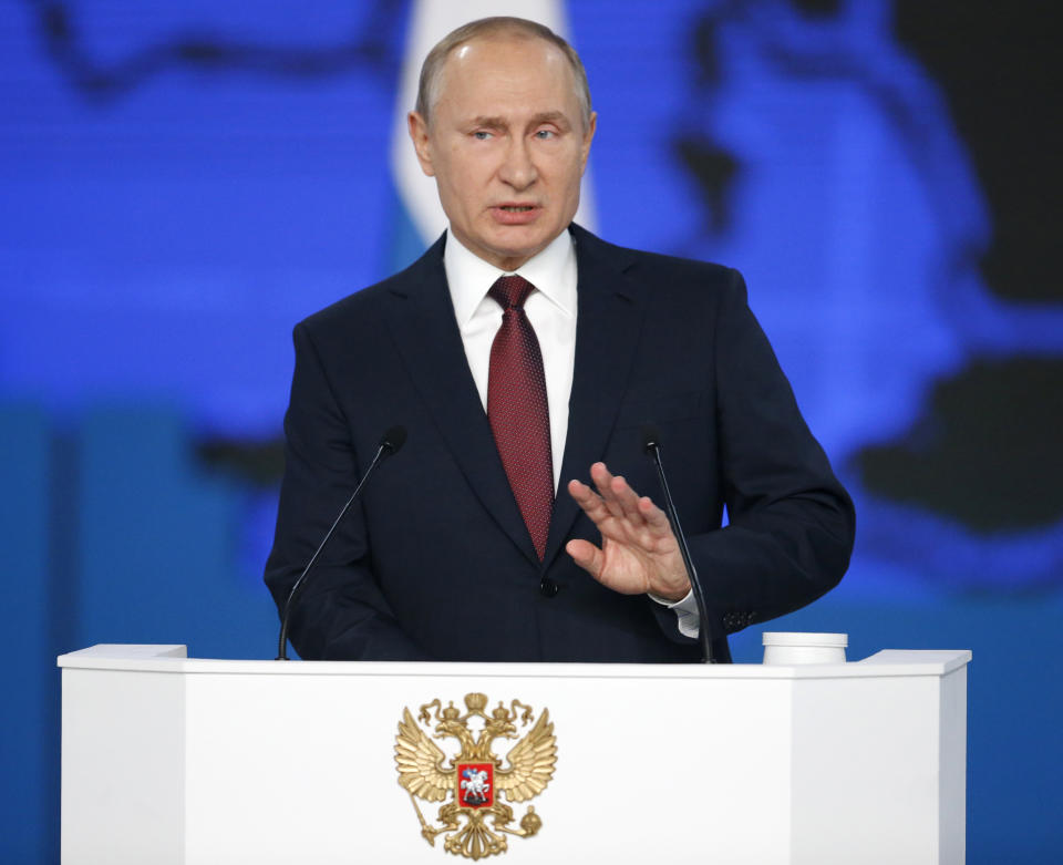 Russian President Vladimir Putin delivers a state-of-the-nation address in Moscow, Russia, Wednesday, Feb. 20, 2019. Putin said Russia needs to focus on raising living standards. (AP Photo/Alexander Zemlianichenko)