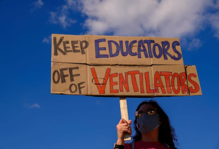 July 28: With in-person classes set to resume, a protester in Bloomington Indiana objected as the area experienced a dramatic increase in coronavirus infections. (Getty Images)