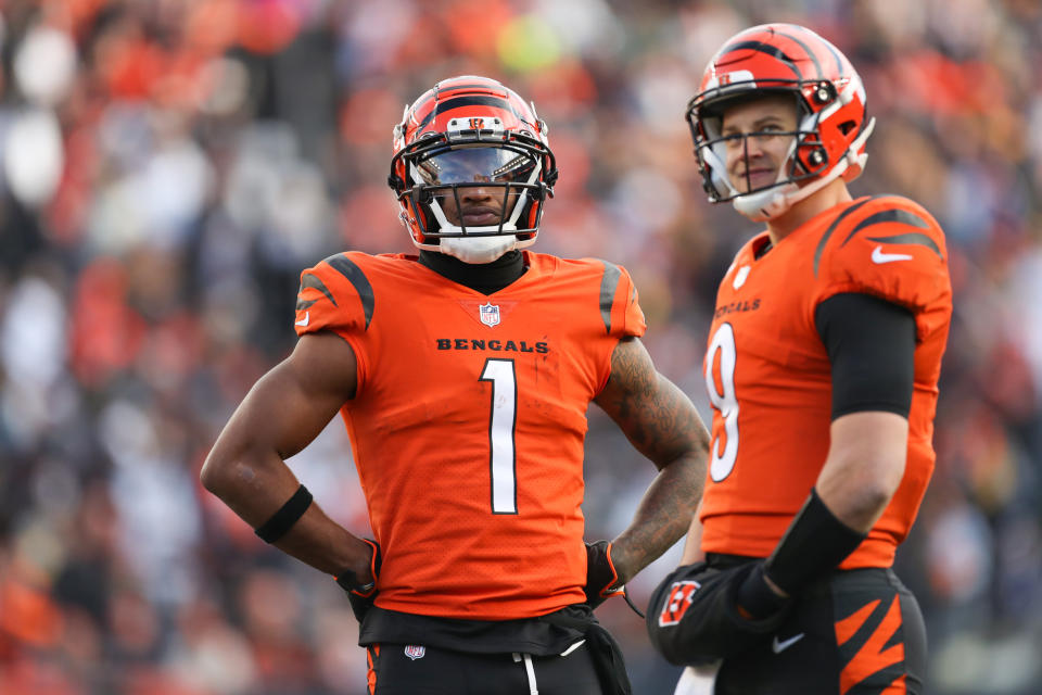 Cincinnati Bengals wide receiver Ja'Marr Chase (1) and quarterback Joe Burrow (9) led the team to an unexpected AFC championship. (Photo by Ian Johnson/Icon Sportswire via Getty Images)