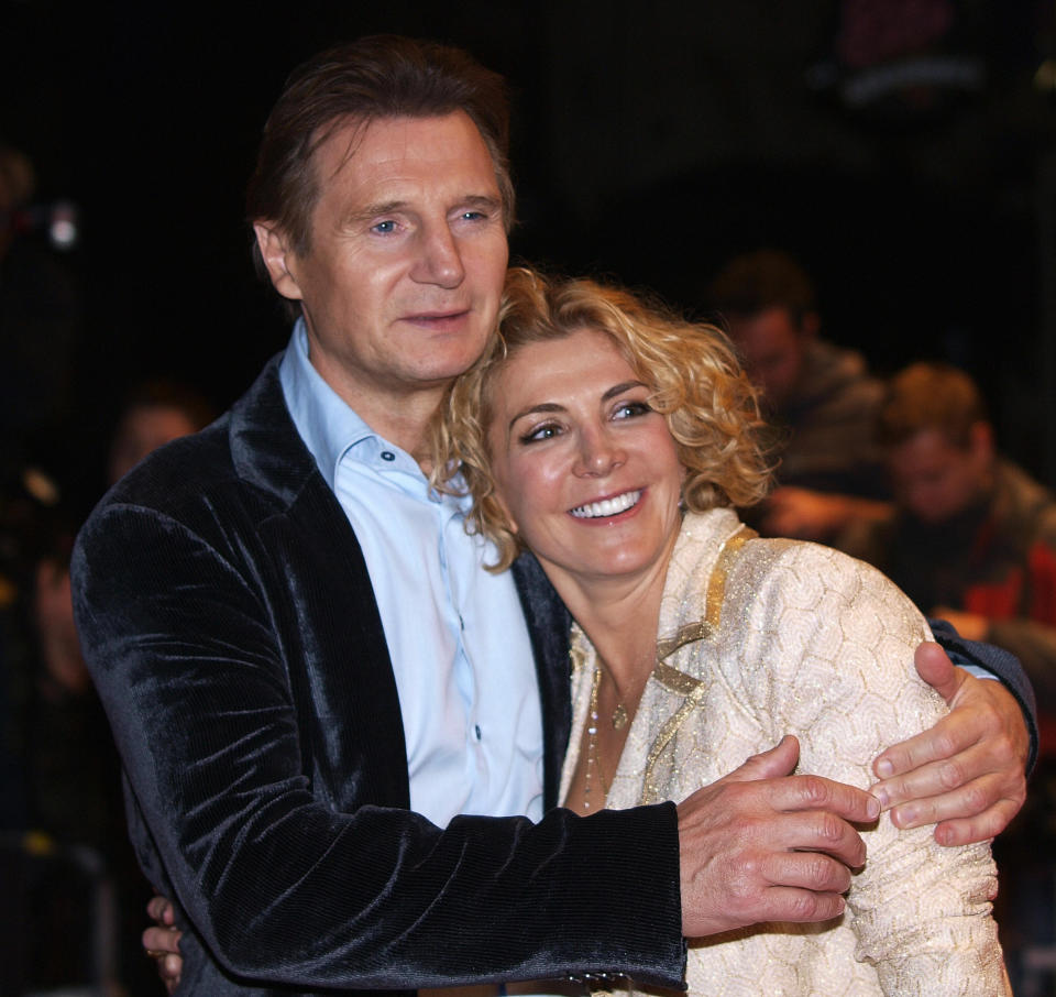 (FILES): This October 17, 2008 file photo shows actor Liam Neeson with his actress wife Natasha Richardson during the British premiere of his latest film, 