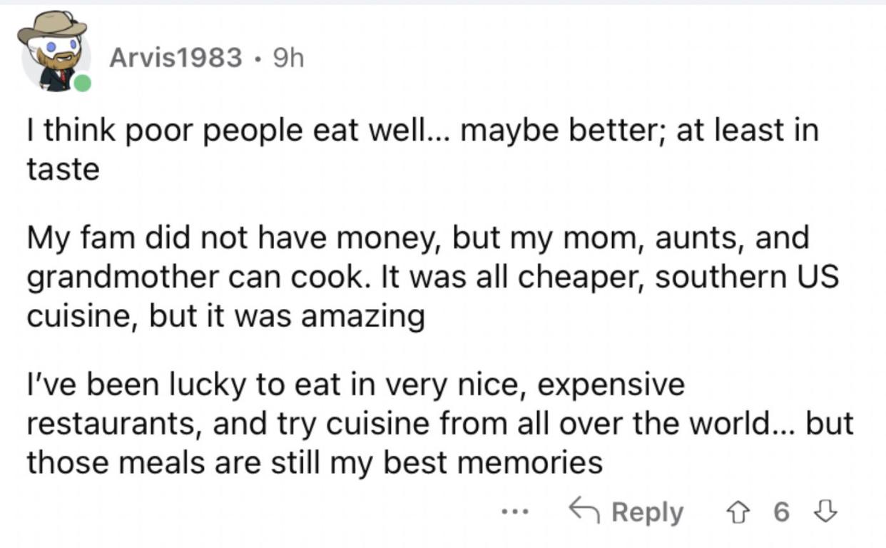 Reddit screenshot about poor people maybe eating better tasting food.
