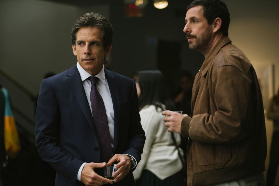 Ben Stiller (left) and Adam Sandler play half-brothers dealing with daddy issues in "The Meyerowitz Stories."