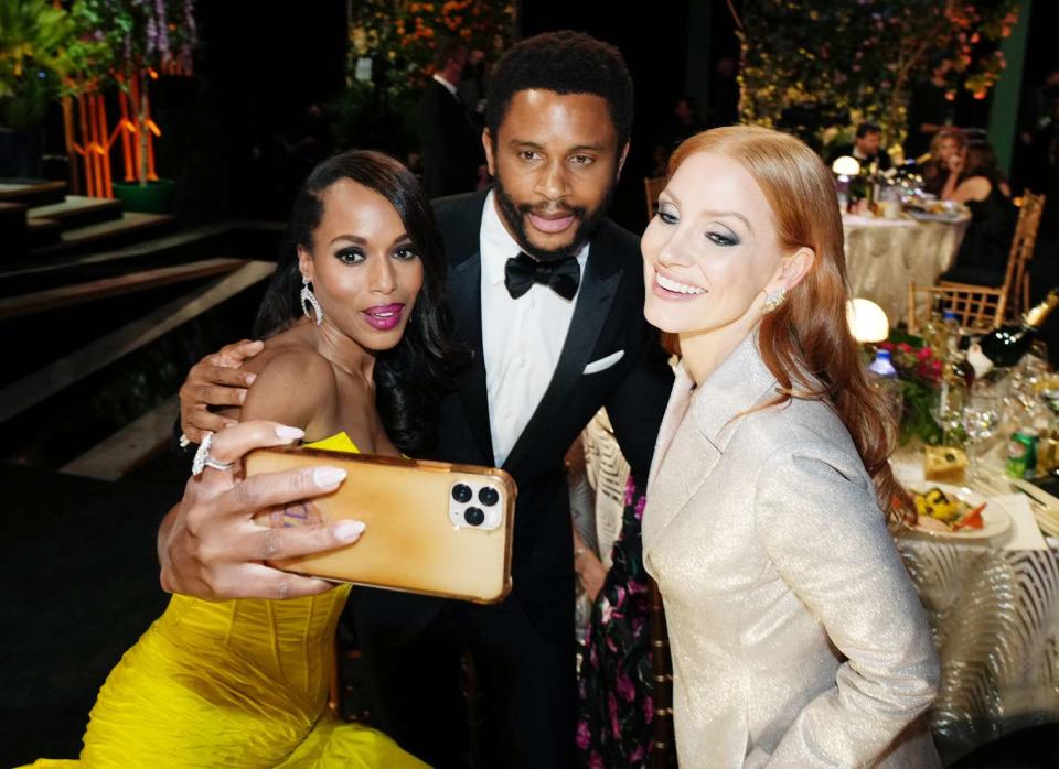 Kerry Washington, Nnamdi Asomugha, and Jessica Chastain pose during the 28th Screen Actors Guild Awards at Barker Hangar on February 27, 2022 in Santa Monica, California