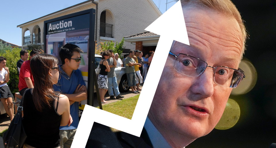 A composite image of people standing in line at an auction and RBA governor Philip Lowe with an arrow pointing upwards.