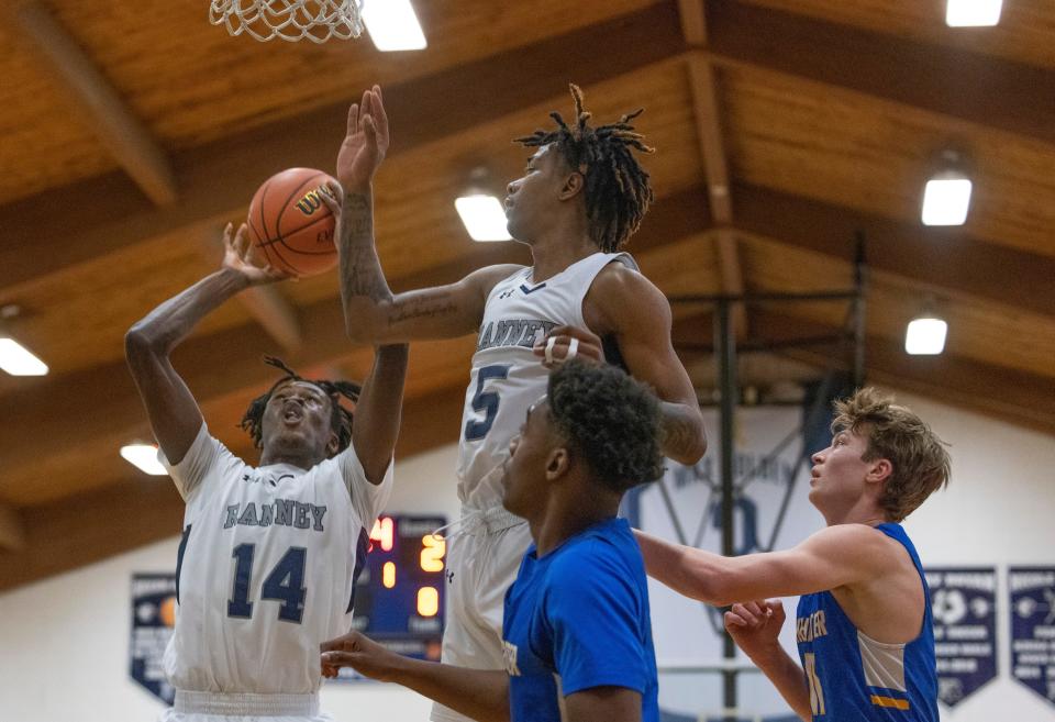 Ranney Charles Anyichie goes up with a shot after pulling in a first half rebound. Ranney Boys Basketball defeats Manchester in Tinton Falls on January 26, 2022. 