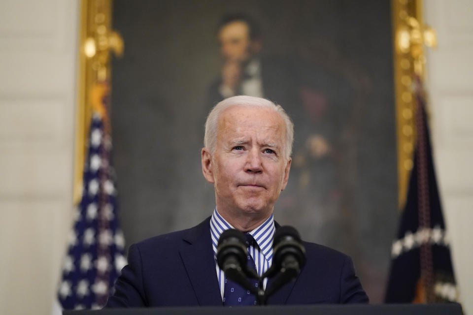 President Joe Biden speaks in the State Dining Room of the White House, Saturday, March 6, 2021, in Washington. The Senate approved a sweeping pandemic relief package over Republican opposition on Saturday, moving Biden closer to a milestone political victory that would provide $1,400 checks for most American and direct billions of dollars to schools, state and local governments, and businesses. (AP Photo/Alex Brandon)