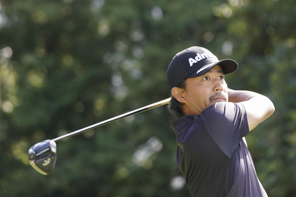 Satoshi Kodaira of Japan hits the tee shot on the fourth hole in the third round of the PGA Tour Zozo Championship at the Narashino Country Club in Inzai on the outskirts of Tokyo, Saturday, Oct. 21, 2023. (AP Photo/Tomohiro Ohsumi)