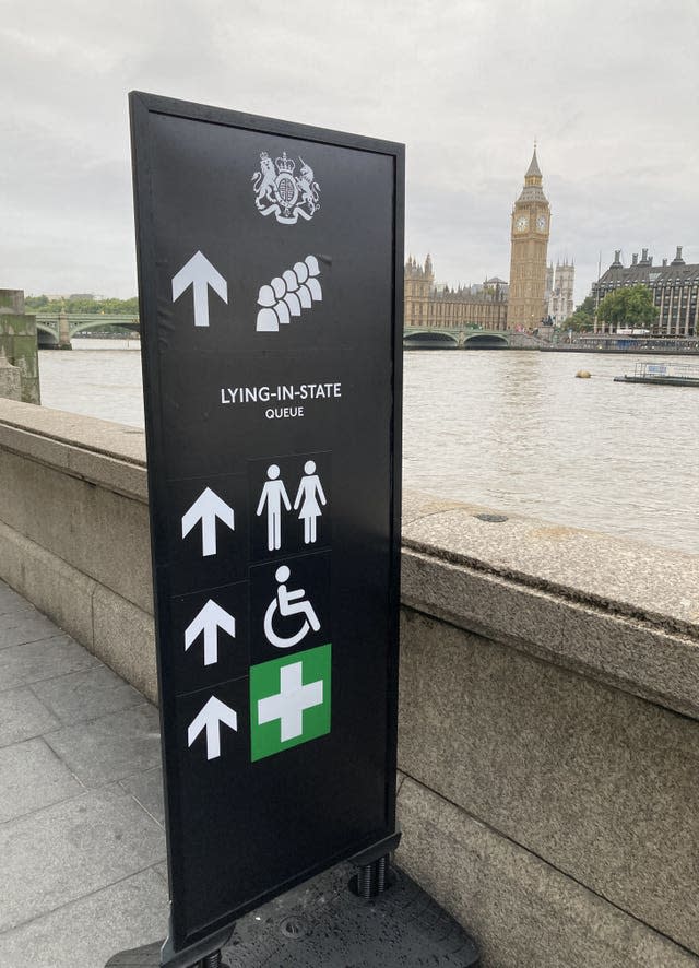 Signage for members of the public joining the queue to view the Queen lying in state 