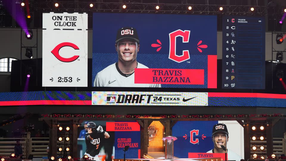 Travis Bazzana was selected first overall by the Cleveland Guardians during the 2024 MLB Draft at Cowtown Coliseum on July 14, 2024 in Fort Worth, Texas. - Sam Hodde/MLB/Getty Images