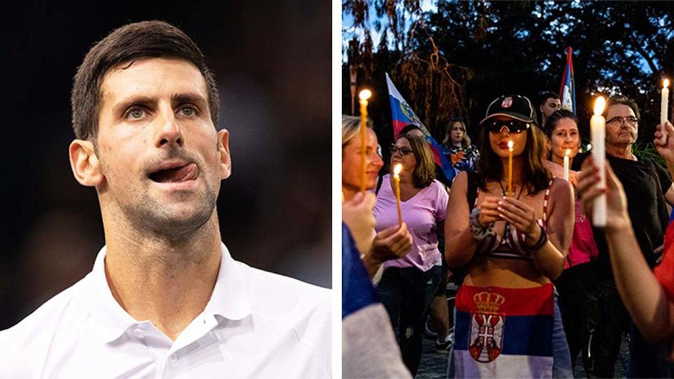 Novak Djokovic (pictured left) during a tennis match and (pictured right) supporters rally outside Park Hotel.