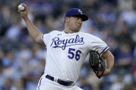 Kansas City Royals starting pitcher Brad Keller throws during the first inning of a baseball game against the Chicago White Sox Monday, May 16, 2022, in Kansas City, Mo. (AP Photo/Charlie Riedel)
