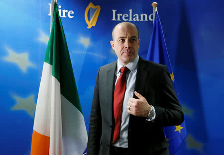 Irish Minister for Communications, Climate Action and Environment Denis Naughten reacts during an interview with Reuters in Brussels, Belgium February 27, 2017. REUTERS/Yves Herman