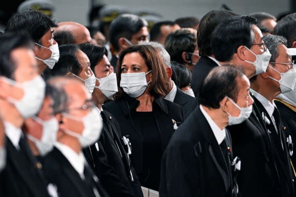 PHOTO: U.S. Vice President Kamala Harris, center, attends the state funeral of former Japanese Prime Minister Shinzo Abe at the Nippon Budokan in Tokyo, Sept. 27, 2022. (Philip Fong/AP)