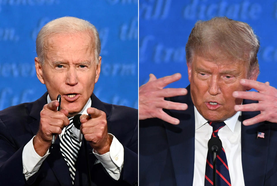 Former Vice President Joe Biden (left) and President Donald Trump meet at the first 2020 presidential debate Tuesday at Case Western Reserve University and Cleveland Clinic in Cleveland, Ohio. (Photo: JIM WATSON via Getty Images)