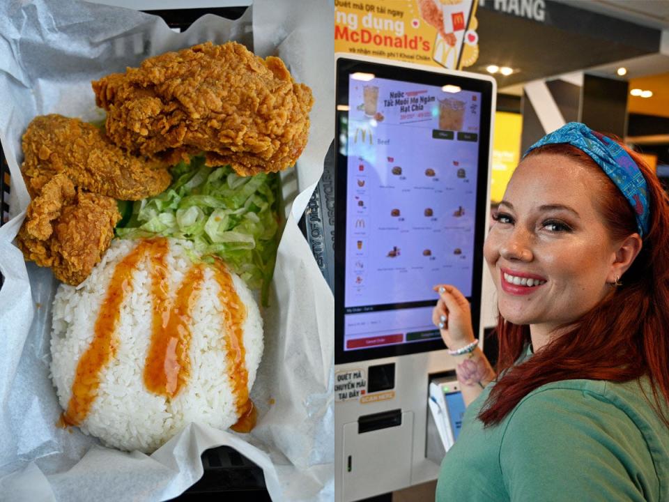 fried chicken and rice from vietnam mcdonalds (left), megan ordering at touchscreen (right)