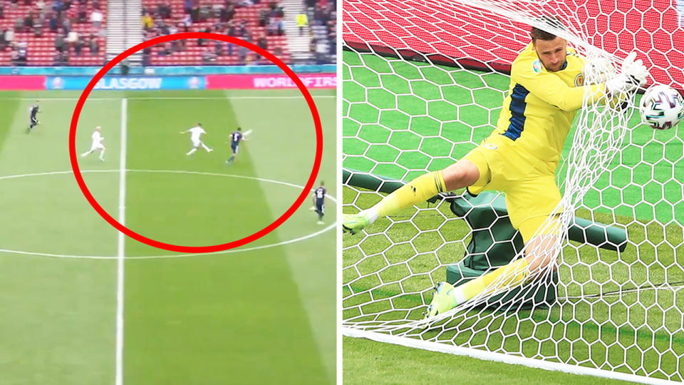 Czech Republic's Patrik Schick (pictured left) shooting and (pictured right) Scotland keeper David Marshal jumping into goal.