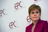 Scotland's First Minister Nicola Sturgeon speaks during an event 'Scotland's European Future after Brexit' at the European Policy Center in Brussels, Monday, Feb. 10, 2020. (AP Photo/Virginia Mayo, Pool)