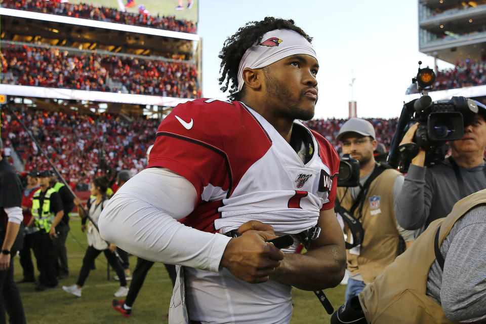 Arizona Cardinals quarterback Kyler Murray (1) stands on the field after an NFL football game between the San Francisco 49ers and the Cardinals in Santa Clara, Calif., Sunday, Nov. 17, 2019. (AP Photo/John Hefti)