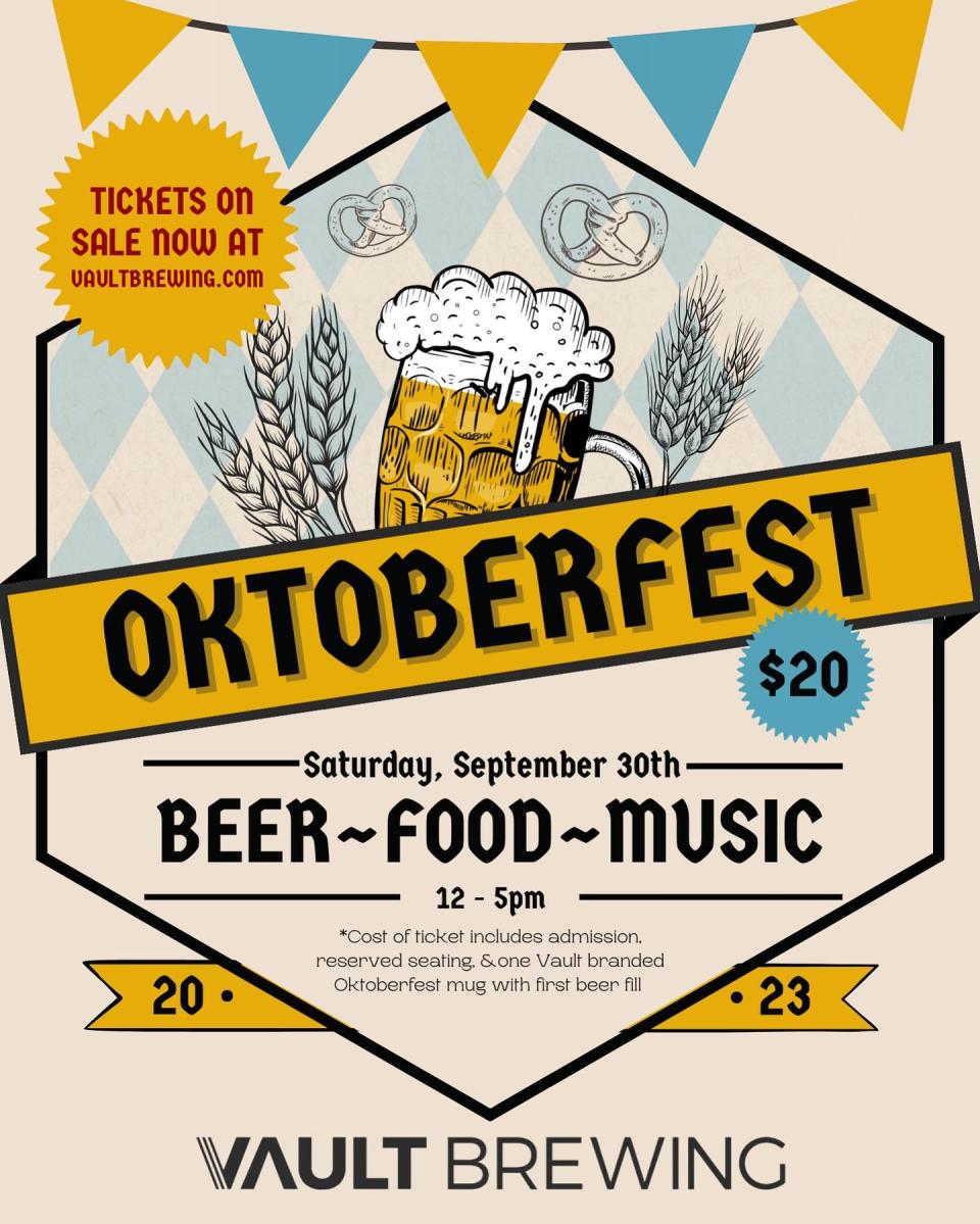 Vault Brewing Company in Yardley will celebrate Oktoberfest by offering German food from Chef Will Porras, authentic music from Philly German Brass, and craft beer from Vault.