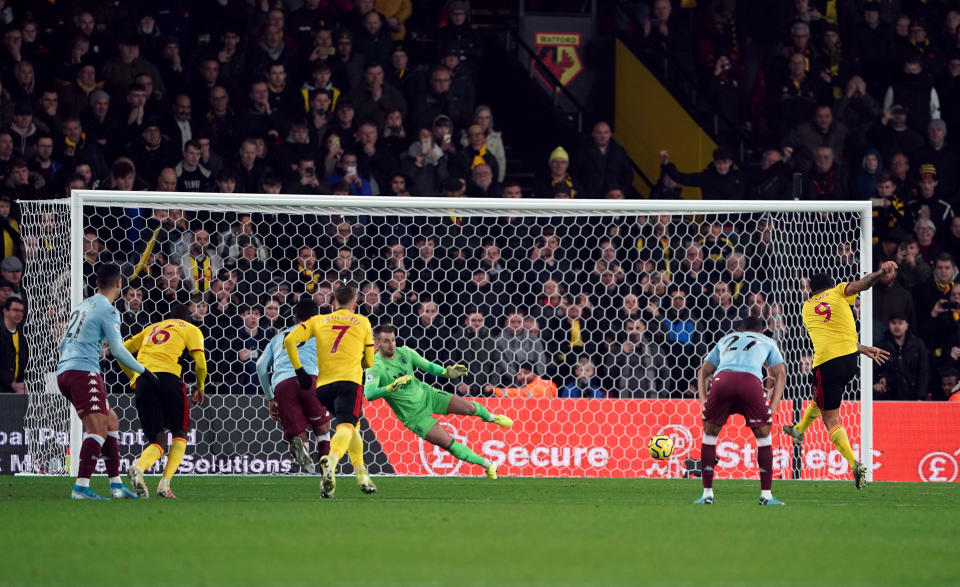 Watford's Troy Deeney scores his side's second goal of the game from the penalty spot during the Premier League match at Vicarage Road, Watford. (Photo by Tess Derry/PA Images via Getty Images)