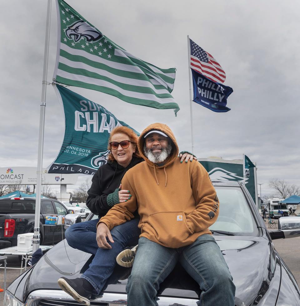 Alex and Kenneth Taylor of Wilmington proudly fly their Eagles flags as they prepare to tailgate with friends before the Eagles-Giants playoff game at Lincoln Financial Field in Philadelphia on January 21, 2023.