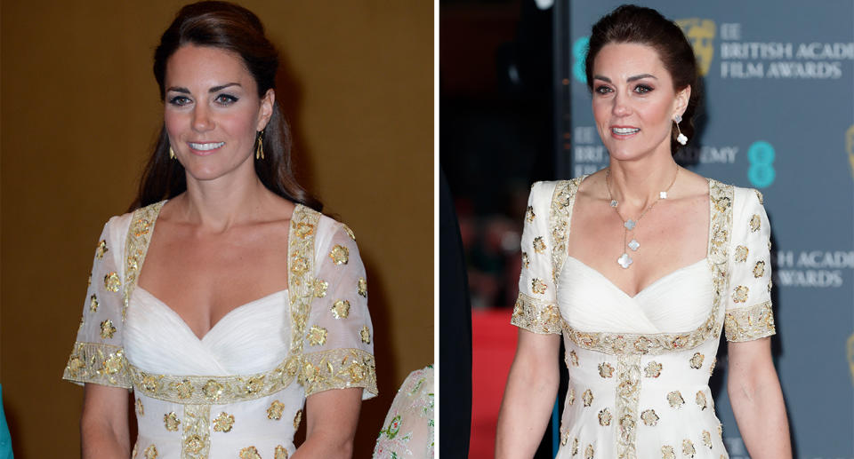 For this year's BAFTAs, Duchess Kate wore a white and gold Sarah Burton gown (right) she first wore for a state banquet in Malaysia in 2012. She had her sleeves altered for the occasion. (Getty Images)