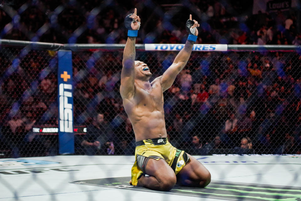 CHARLOTTE, NC - MAY 13: Jailton Almeida celebrates his win over Jairzinho Rozenstruik via submission (rear naked choke) at UFC Fight Night: Rozenstruik vs Almeida on May 13th, 2023 at Spectrum Center in Charlotte, NC. (Photo by Matt Davies/PxImages/Icon Sportswire via Getty Images)