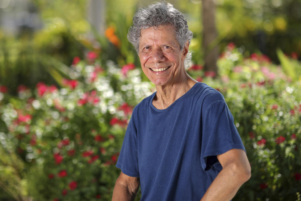 FILE - Jazz pianist and composer Chick Corea poses for a portrait in Clearwater, Fla., on Sept. 4, 2020, to promote his new double album "Plays." Corea, a towering jazz pianist with a staggering 23 Grammy awards who pushed the boundaries of the genre and worked alongside Miles Davis and Herbie Hancock, has died. He was 79. Corea died Tuesday, Feb. 9, 2021, of a rare for of cancer, his team posted on his web site. His death was confirmed by Corea's web and marketing manager, Dan Muse. (Mike Carlson/Invision/AP, File)