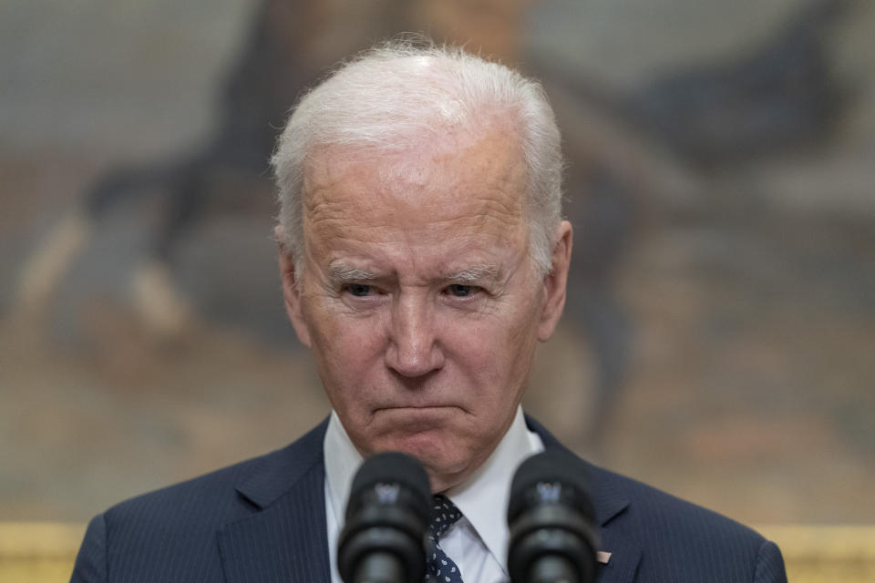 President Joe Biden speaks about Ukraine in the Roosevelt Room of the White House, Friday, Feb. 18, 2022, in Washington. (AP Photo/Alex Brandon)