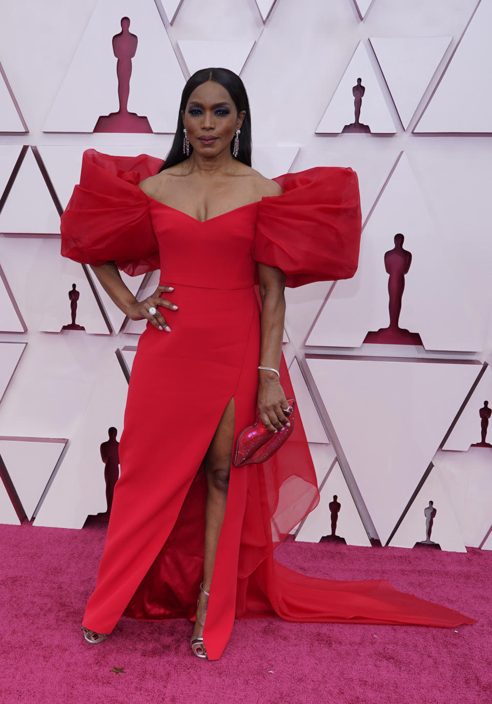 Angela Bassett arrives at the Oscars on Sunday, April 25, 2021, at Union Station in Los Angeles. (AP Photo/Chris Pizzello, Pool)