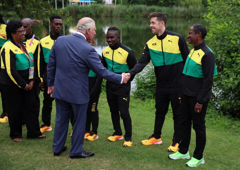 The Prince of Wales meets members of the Jamaican team during a visit to the Commonwealth Games (Phil Noble/PA) (PA Wire)