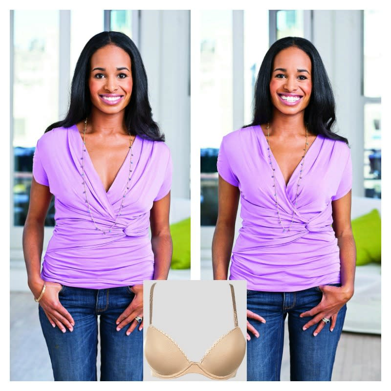 african american woman in light purple shirt smiling trying push up bras before and after