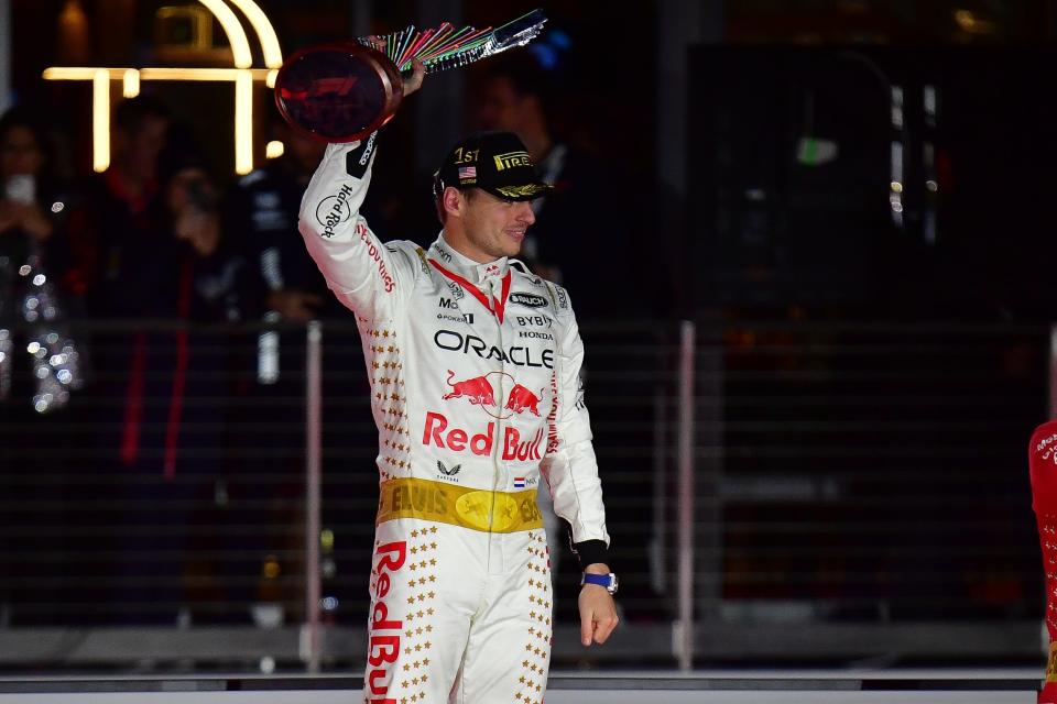 Red Bull Racing driver Max Verstappen of The Netherlands celebrates his victory in the Las Vegas Grand Prix at Las Vegas Strip Circuit.