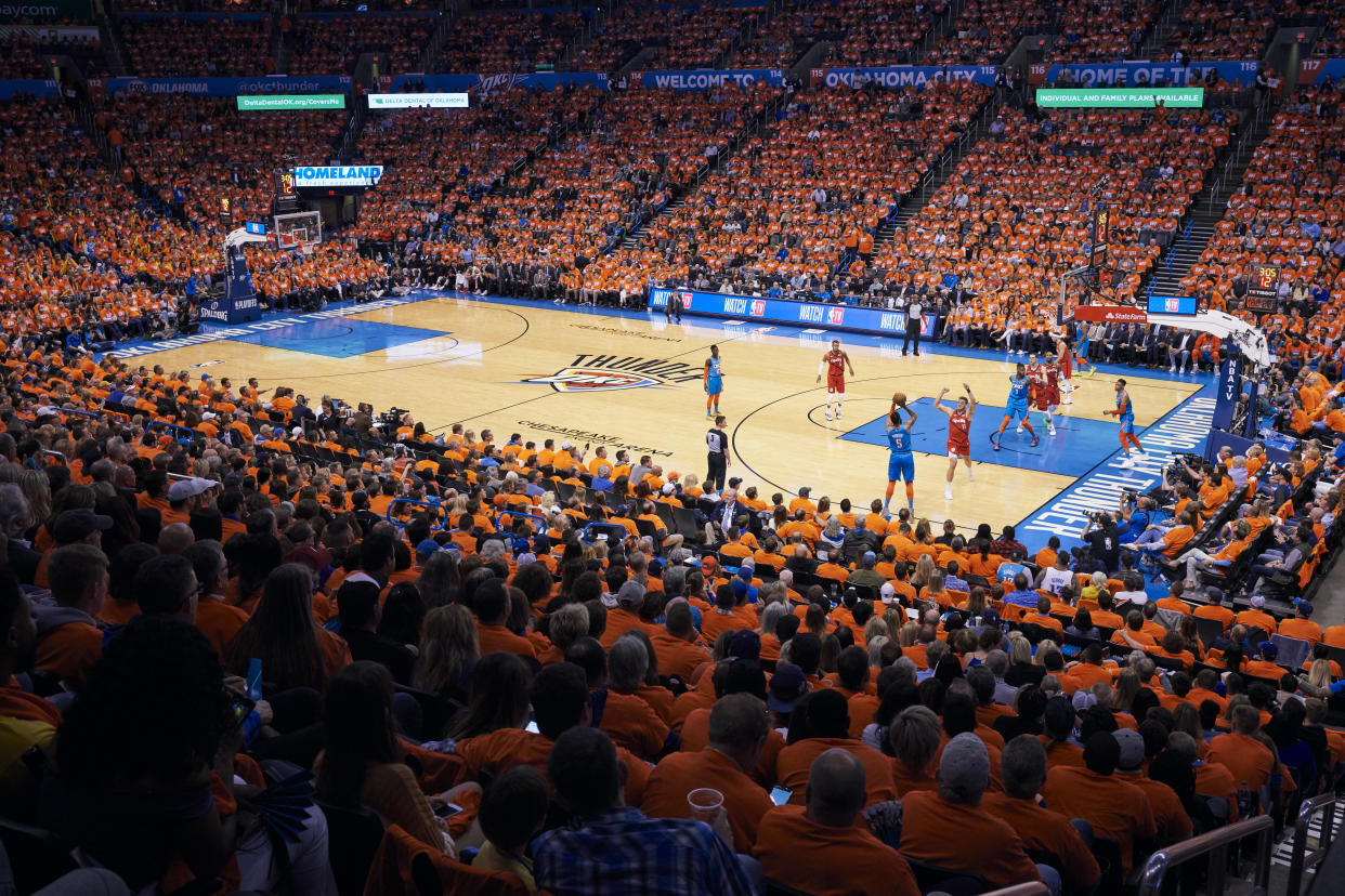 OKLAHOMA CITY, OKLAHOMA - APRIL 19: A general view of Chesapeake Energy Arena during game three of the Western Conference quarterfinals between the Oklahoma City Thunder and the Portland Trail Blazers on April 19, 2019 in Oklahoma City, Oklahoma. NOTE TO USER: User expressly acknowledges and agrees that, by downloading and or using this photograph, User is consenting to the terms and conditions of the Getty Images License Agreement.  (Photo by Cooper Neill/Getty Images)