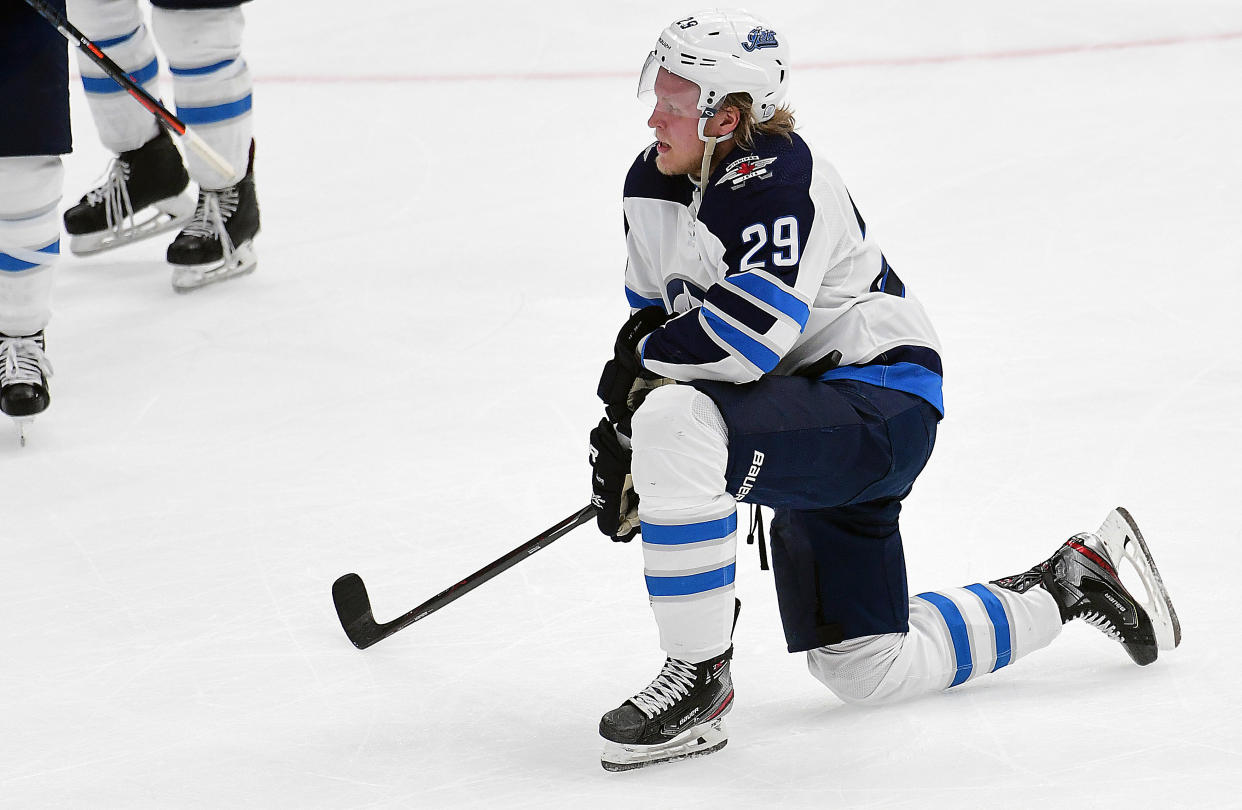 ST. LOUIS, MO - APRIL 20: Winnipeg Jets rightwing Patrik Laine (29) reflects on the ice after losing the first round Stanley Cup Playoffs series between the Winnipeg Jets and the St. Louis Blues, on April 20, 2019, at Enterprise Center, St. Louis, Mo. (Photo by Keith Gillett/Icon Sportswire via Getty Images)