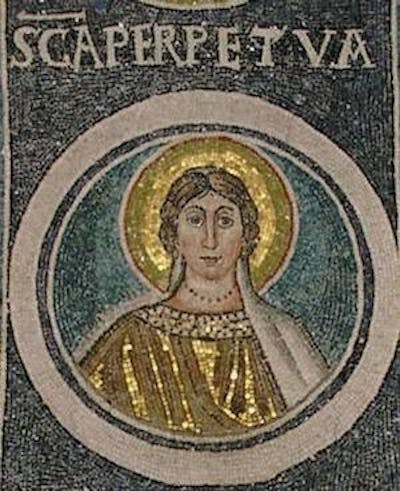 Perpetua as depicted in the Euphrasian Basilica in Poreč, Croatia. Wikimedia Commons