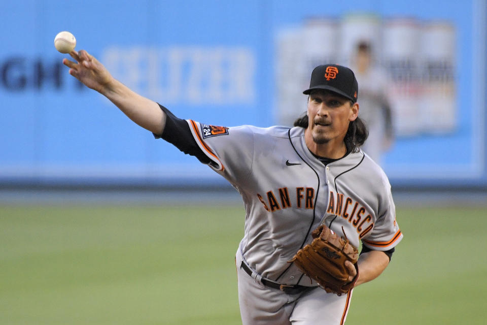 San Francisco Giants starting pitcher Jeff Samardzija throws to the plate during the first inning of a baseball game against the Los Angeles Dodgers Friday, Aug. 7, 2020, in Los Angeles. (AP Photo/Mark J. Terrill)