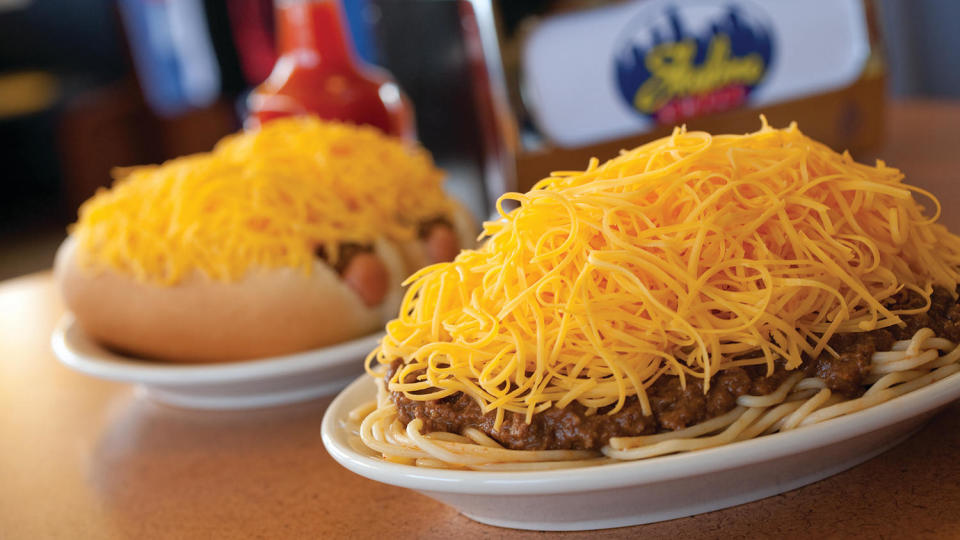 A pair of Coneys and a plate of Skyline’s signature chili. (Courtesy Skyline Chili)