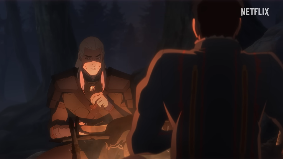 An animated Geralt of Rivia sits in front of a campfire, catching meat on a stick.