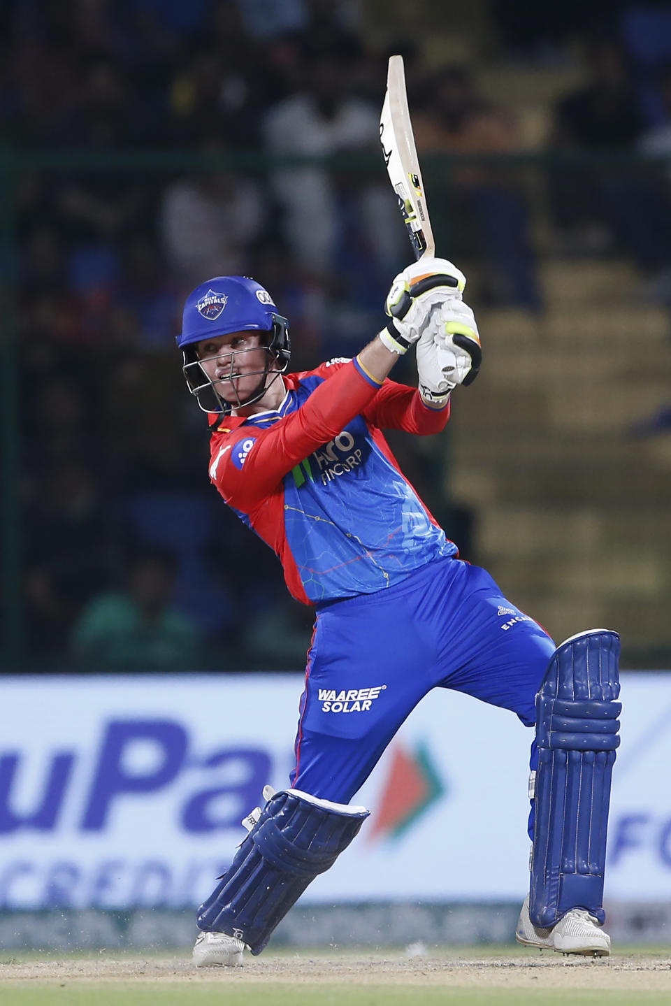 Delhi Capitals' Jake Fraser-McGurk plays a shot during the Indian Premier League cricket match between Delhi Capitals and Sunrisers Hyderabad in New Delhi, India, Saturday, April 20, 2024. (AP Photo/Surjeet Yadav)