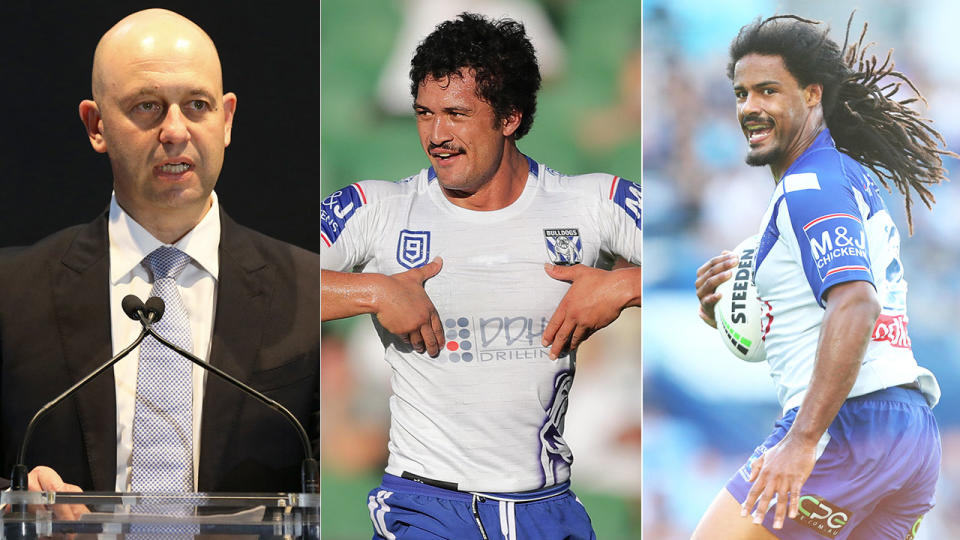 Pictured here, NRL CEO Todd Greenberg and the two Bulldogs players at the centre of a sex scandal.