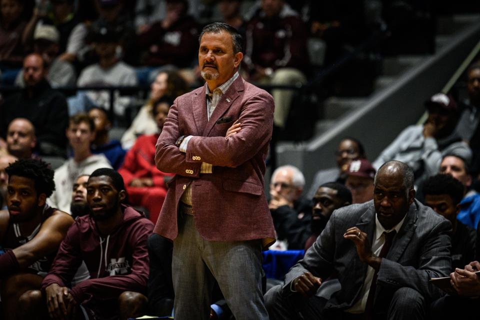 Chris Jans observes the action during the Jackson State vs Mississippi State game at the Mississippi Colisuem in Jackson,Miss.