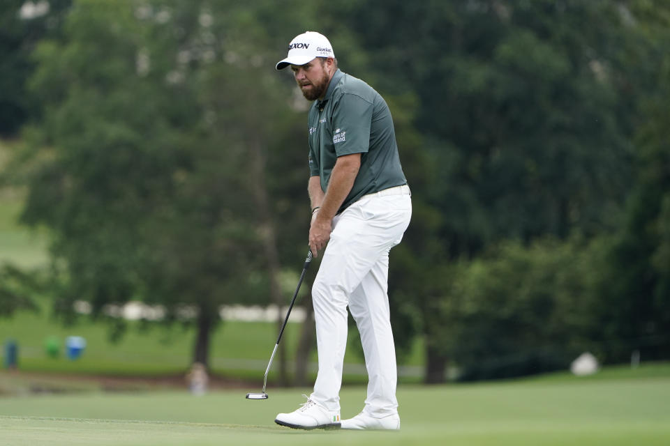 Shane Lowry, of Ireland, watches his putt on the ninth hole during the second round of the Wyndham Championship golf tournament at Sedgefield Country Club on Friday, Aug. 14, 2020, in Greensboro, N.C. (AP Photo/Chris Carlson)