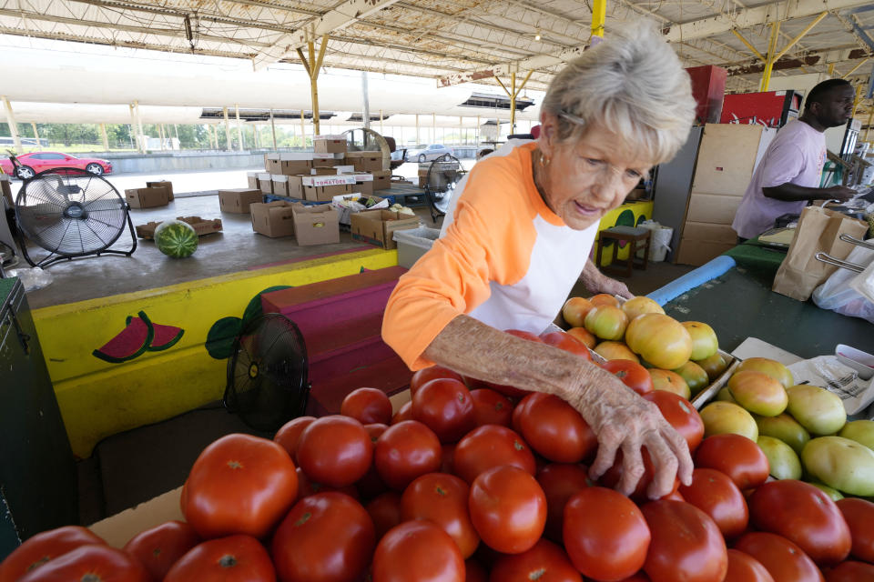 Brenda Langham, has three fans blowing in her direction as she arranges the home-grown tomato display at Brenda's Produce, a farmer's market outdoor store owned and operated by her family for over 50 years, in Jackson, Miss., Wednesday, June 28, 2023. (AP Photo/Rogelio V. Solis)