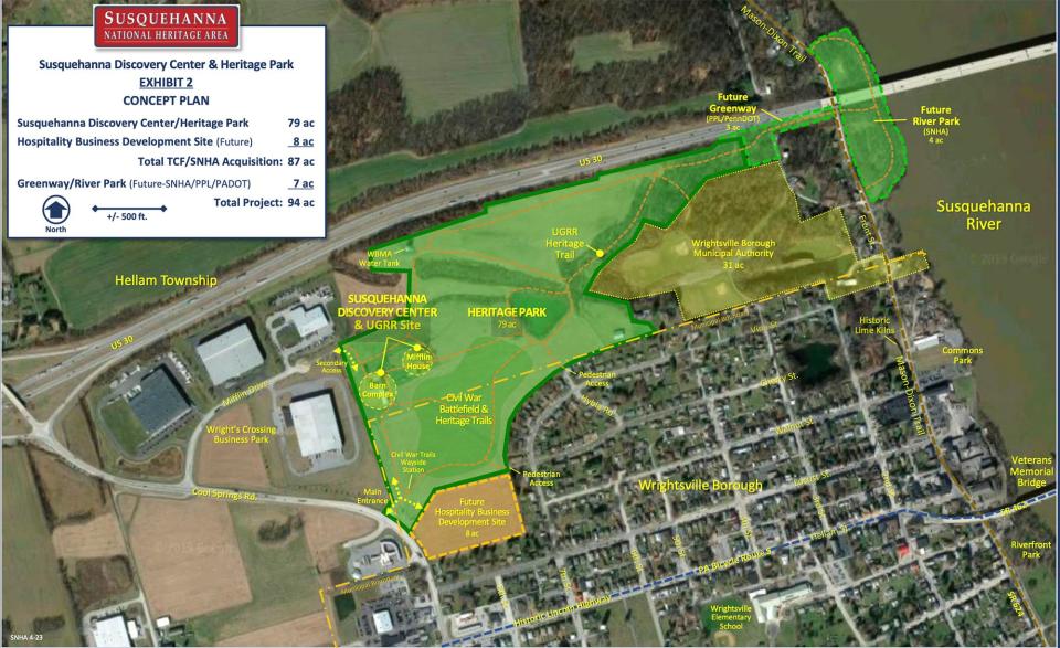 A look from above of the concept plan for the nearly 88-acre Susquehanna Discovery Center & Heritage Park.  The strip of land would connect the Mifflin farmstead to the Susquehanna River.