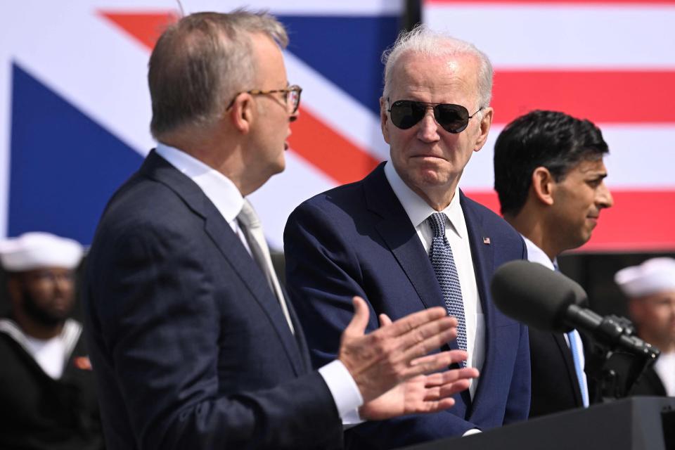 President Joe Biden, British Prime Minister Rishi Sunak and Australian Prime Minister Anthony Albanese hold a news conference during the AUKUS summit on March 13, 2023, at Naval Base Point Loma in San Diego.