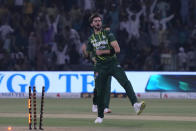 Pakistan's Shaheen Shah Afridi celebrates after taking the wicket of New Zealand's Zak Foulkes during the fifth T20 international cricket match between Pakistan and New Zealand, in Lahore, Pakistan, Saturday, April 27, 2024. (AP Photo/K.M. Chaudary)