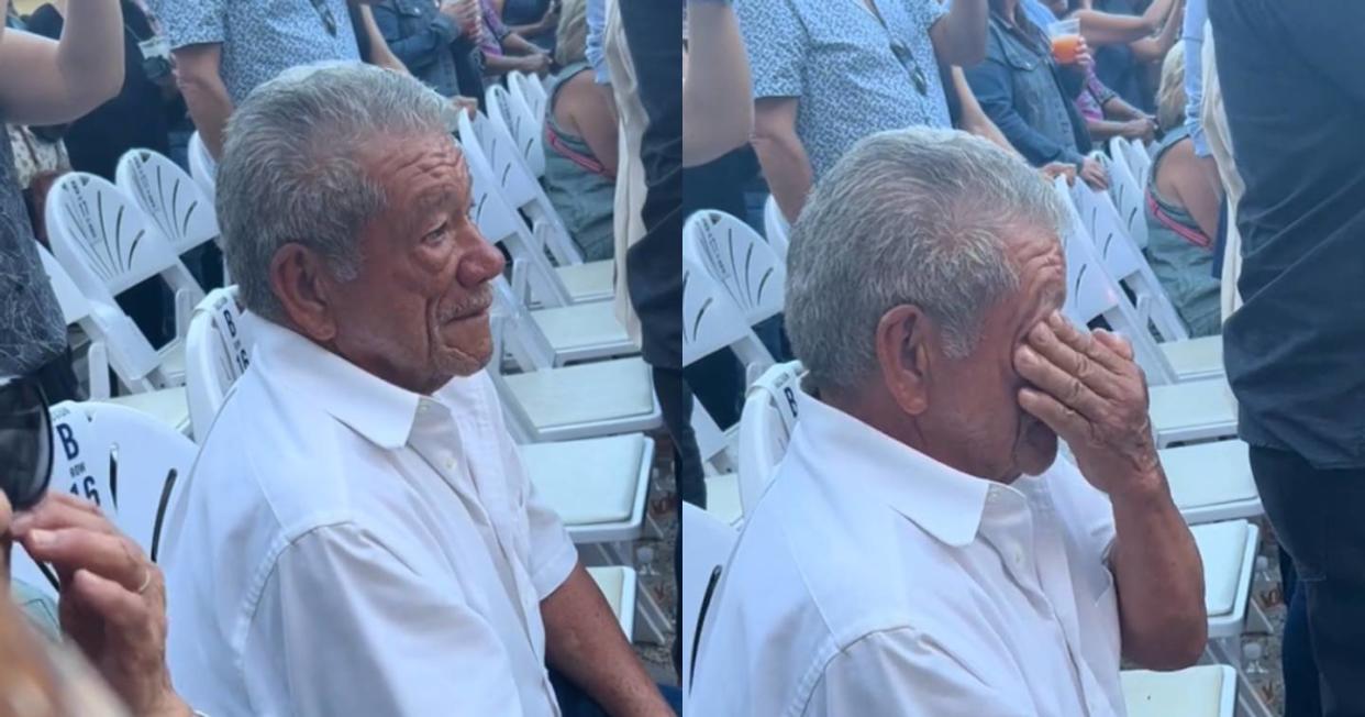 Abuelito llora al acudir al primer concierto de su vida pues es de su ídolo. Foto: Captura de video TikTok vía @monifregs 