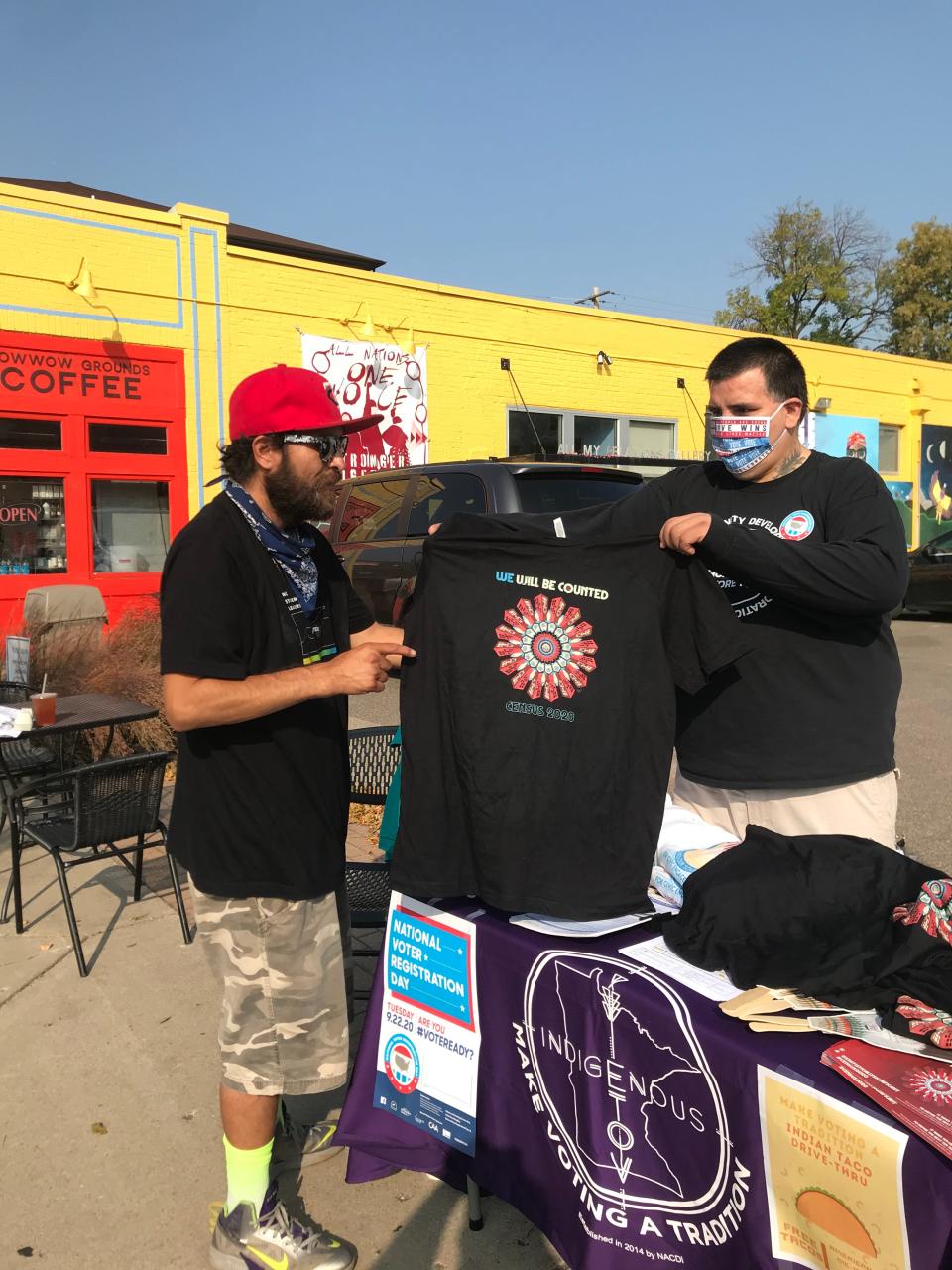 Activists wear masks at a recent gathering in Minneapolis' American Indian Cultural Corridor to register Native Americans to vote this election. Nearly half of the nearly 3 million eligible Native American voters are not yet registered.